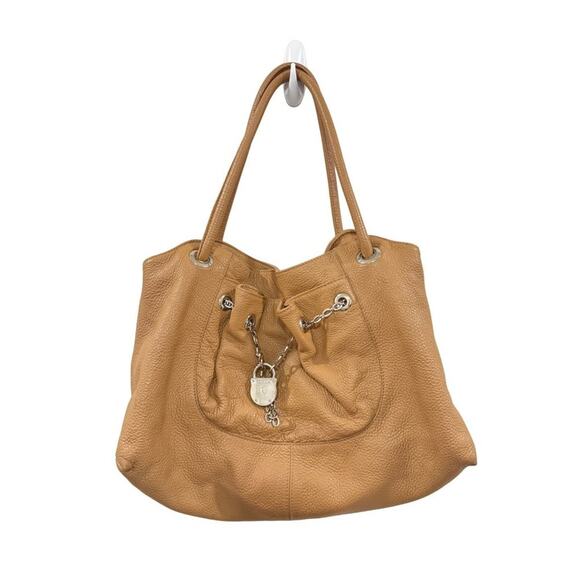 Furla Tan Pebbled Leather Chain Lock Drawstring Satchel Shoulder‎ Bag Y2K Boho - Picture 1 of 8